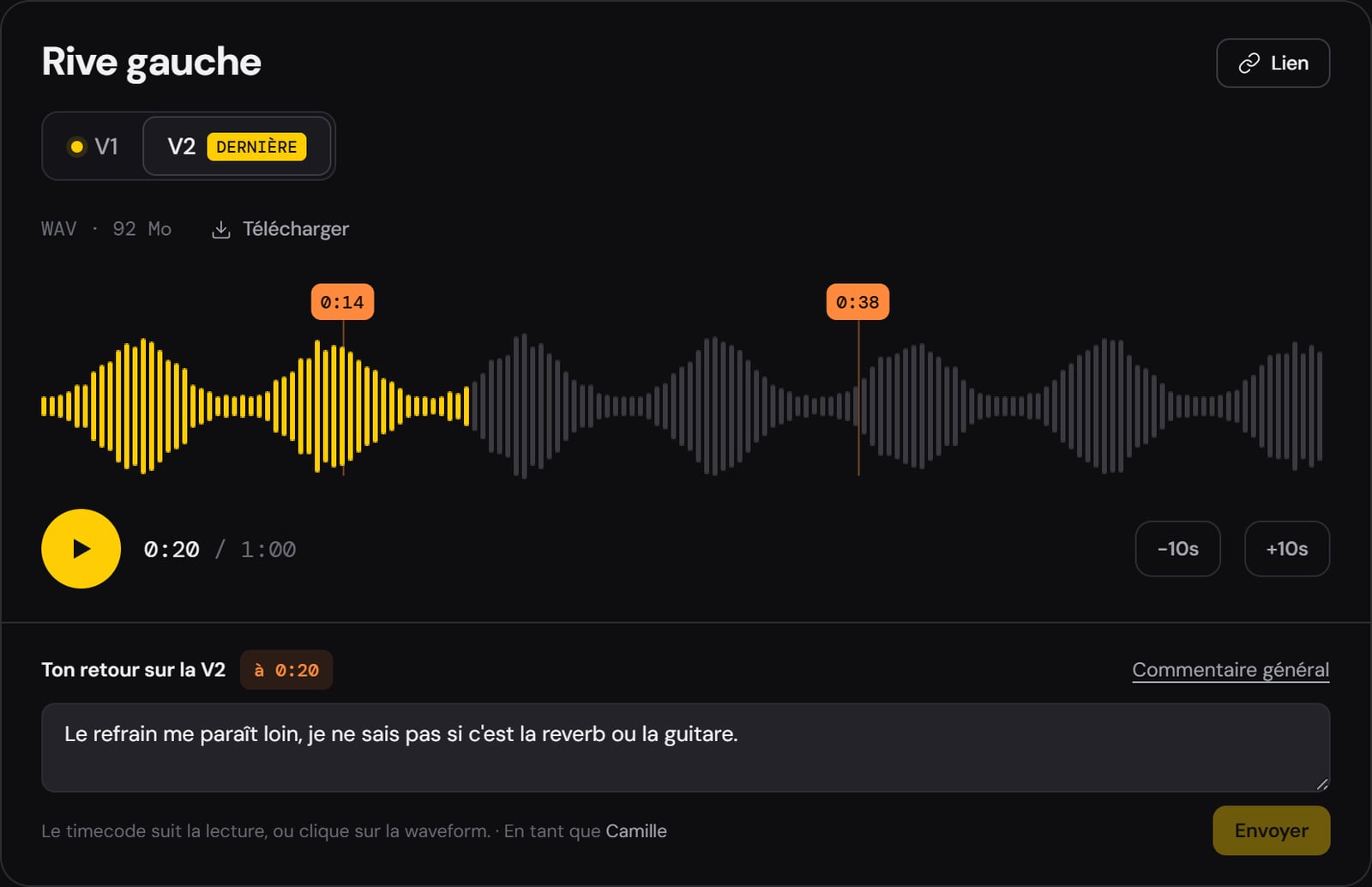 Page d'un morceau dans R-Send vue par l'artiste, avec la waveform de la V2, deux commentaires placés à 0:14 et 0:38 et un retour en cours d'écriture à 0:20